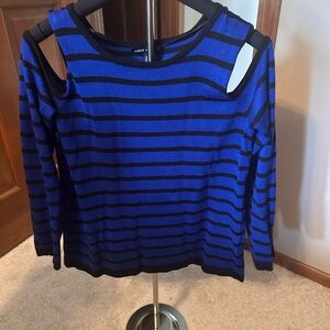 Blue and Black Striped Cold Shoulder Top